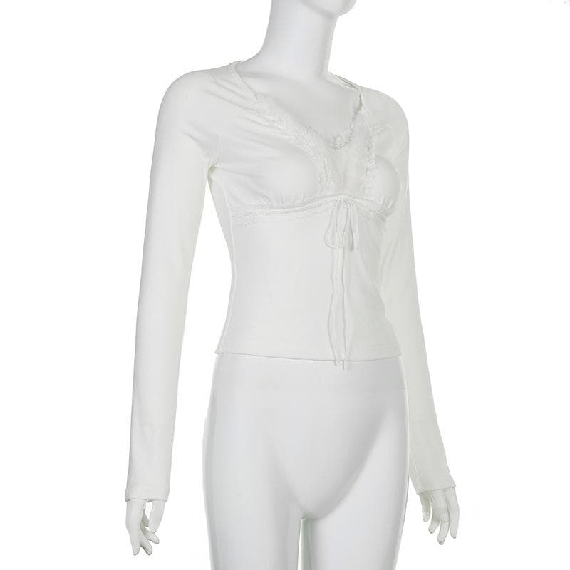 Y2K Chic! Women's Romantic Lace Tie-Front V-Neck Long Sleeve Top - Fall Essential