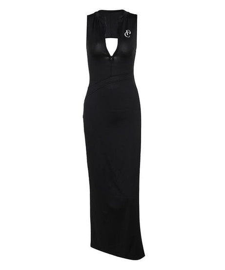 Sleek Black Bodycon Maxi Dress with V-Neck Zipper & High Slit | Backless Fall & Holiday Party Gown