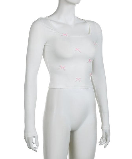 Sweetheart Square Neck Long Sleeve Top with Dainty Pink Bows - Your Perfect Fall Staple