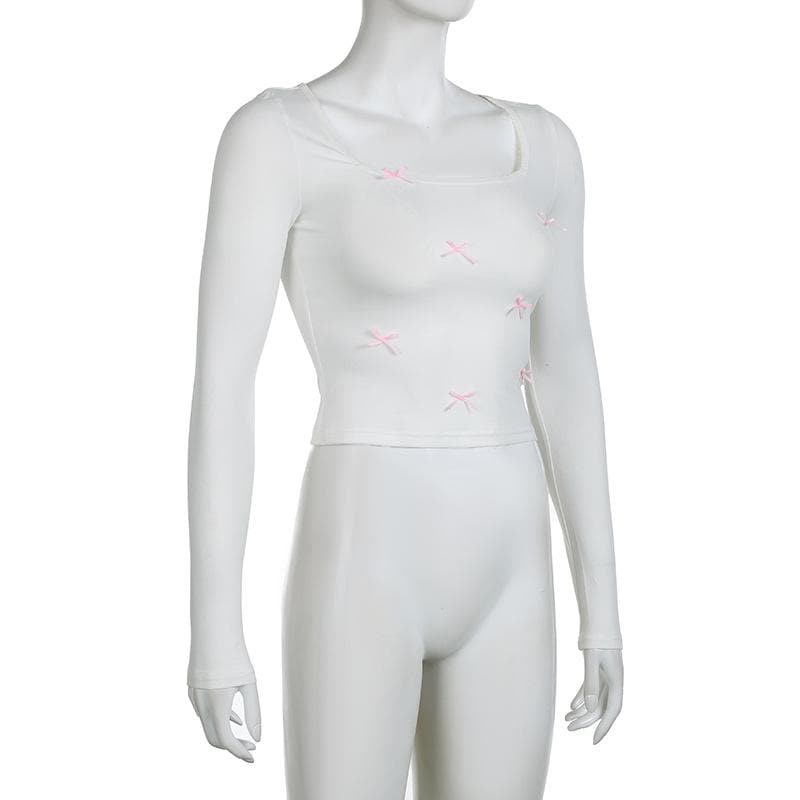Sweetheart Square Neck Long Sleeve Top with Dainty Pink Bows - Your Perfect Fall Staple