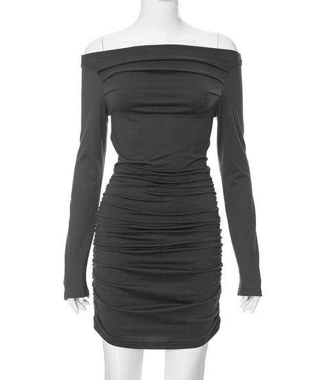 Fall Party Ready: Ruched Off-Shoulder Long Sleeve Bodycon Mini Dress - Charcoal Chic
