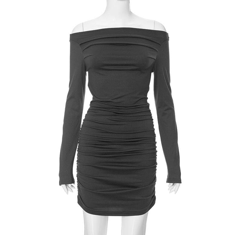 Fall Party Ready: Ruched Off-Shoulder Long Sleeve Bodycon Mini Dress - Charcoal Chic