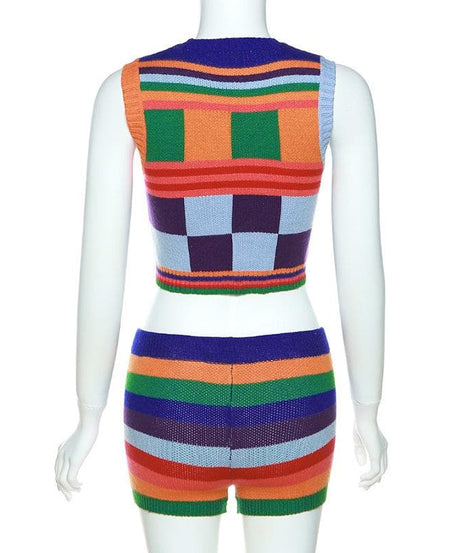 Groovy Getaway Knit Set: Vibrant Checkerboard Crop Top & Striped Shorts