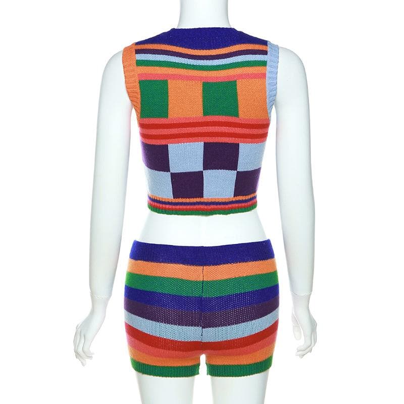 Groovy Getaway Knit Set: Vibrant Checkerboard Crop Top & Striped Shorts