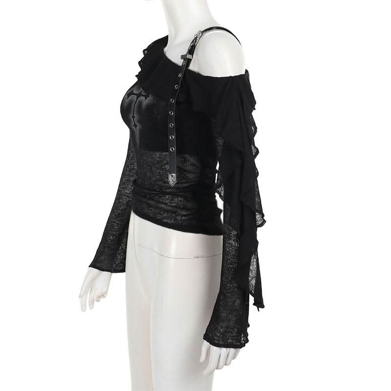 Gothic Glam Cross One-Shoulder Top - Edgy Fall & Halloween Statement