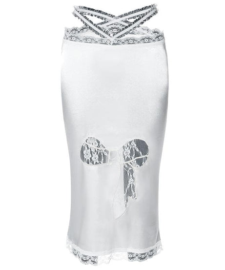 Enchanting White Lace Slip Midi Dress | Alluring Bow Cutout & Criss-Cross Back for Fall & Holiday Parties