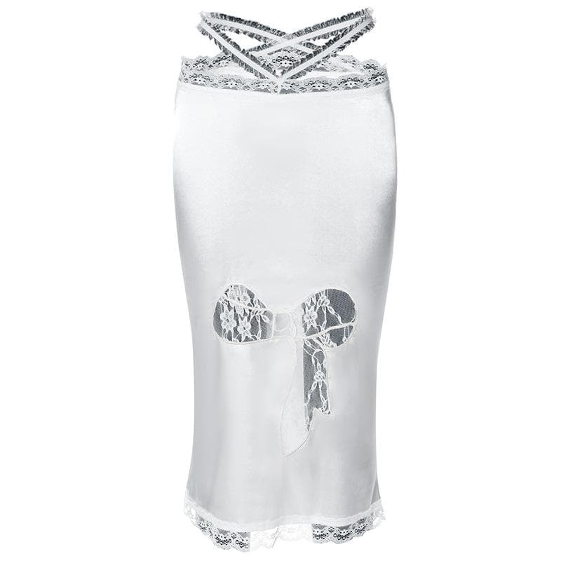 Enchanting White Lace Slip Midi Dress | Alluring Bow Cutout & Criss-Cross Back for Fall & Holiday Parties