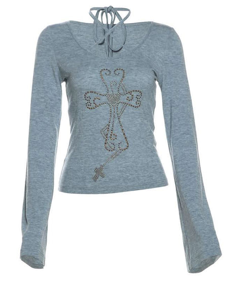 Fall Vibes Y2K Rhinestone Cross Criss-Cross Neck Long Sleeve Top with Flared Cuffs