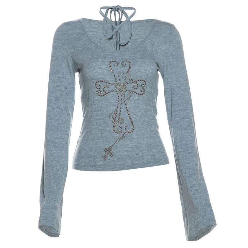 Fall Vibes Y2K Rhinestone Cross Criss-Cross Neck Long Sleeve Top with Flared Cuffs