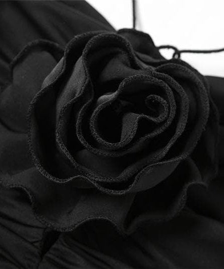 Dark Romance Black Rose Halter Ruched Bodycon Mini Dress - Fall & Holiday Party Ready