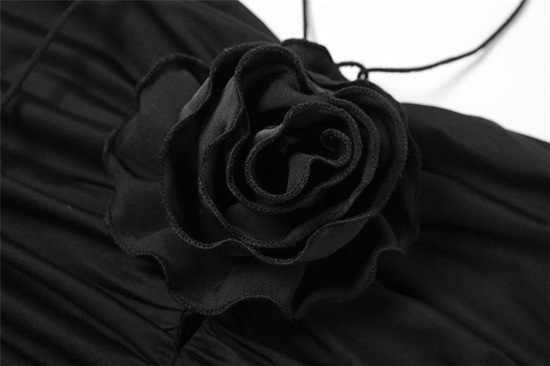 Dark Romance Black Rose Halter Ruched Bodycon Mini Dress - Fall & Holiday Party Ready