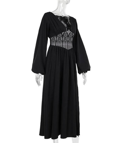 Gothic Cathedral Corset Maxi Dress | Deep V-Neck & Slit - Fall & Halloween Style