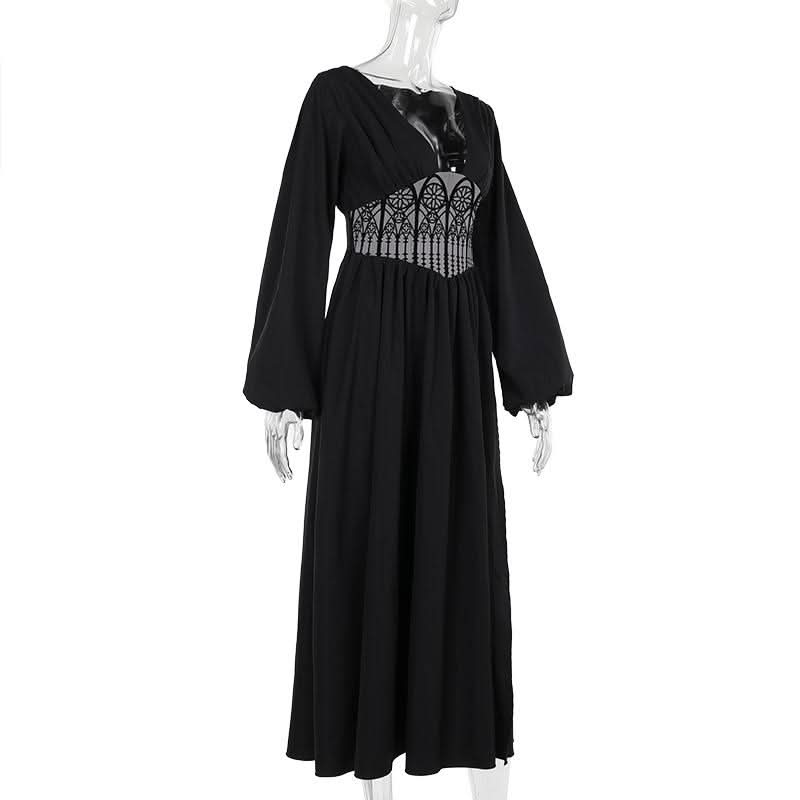 Gothic Cathedral Corset Maxi Dress | Deep V-Neck & Slit - Fall & Halloween Style
