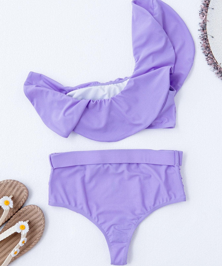 Chic Lilac Ruffle One-Shoulder High-Waist Belted Bikini - Your Next Getaway Essential