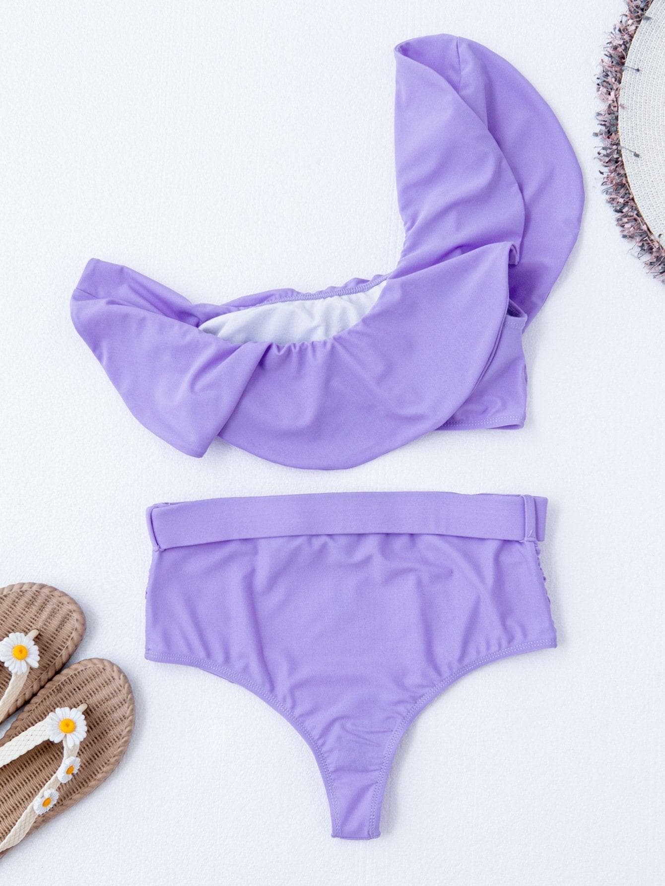 Chic Lilac Ruffle One-Shoulder High-Waist Belted Bikini - Your Next Getaway Essential
