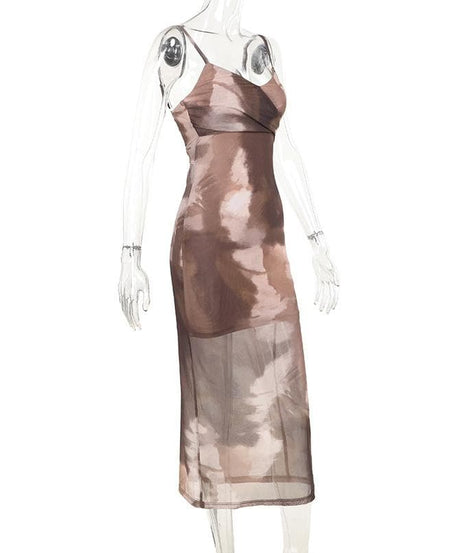 Fall Chic "Latte Haze" Ruched Mesh Tie-Dye Midi Dress for Women