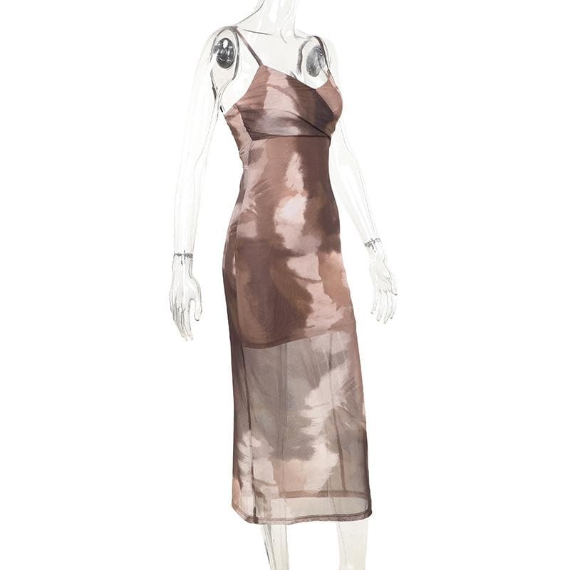 Fall Chic "Latte Haze" Ruched Mesh Tie-Dye Midi Dress for Women