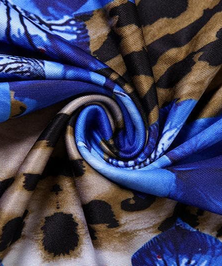 Daring Bloom: Blue Floral & Leopard Print Strapless Maxi Dress with High Slit – Fall & Holiday Glamour