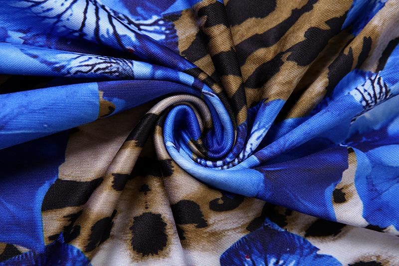 Daring Bloom: Blue Floral & Leopard Print Strapless Maxi Dress with High Slit – Fall & Holiday Glamour