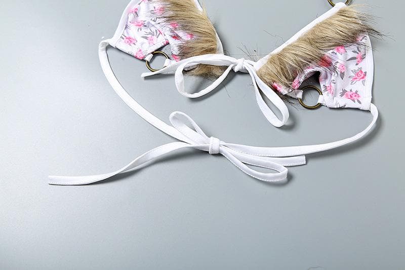 Wild Bloom Fluffy Halter Bikini & Lingerie Set - O-Ring Floral, Festival & Halloween Ready