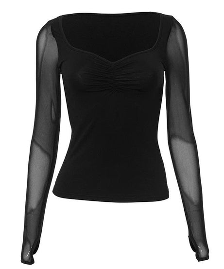 Sleek Ruched Sweetheart Mesh Long Sleeve Top with Thumbholes – Your Fall 2025 Style Essential