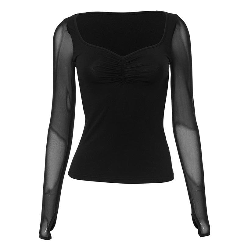Sleek Ruched Sweetheart Mesh Long Sleeve Top with Thumbholes – Your Fall 2025 Style Essential