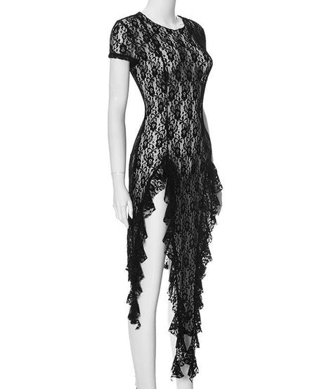 Obsidian Allure: Black Lace Ruffle High-Slit Mini Dress - Fall & Holiday Party Ready