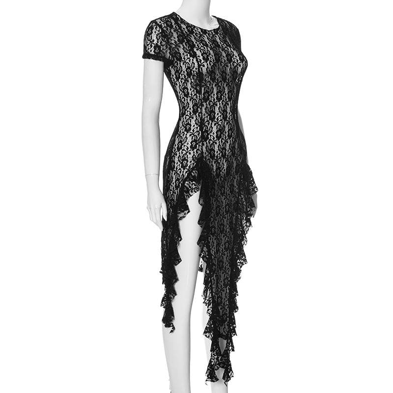 Obsidian Allure: Black Lace Ruffle High-Slit Mini Dress - Fall & Holiday Party Ready