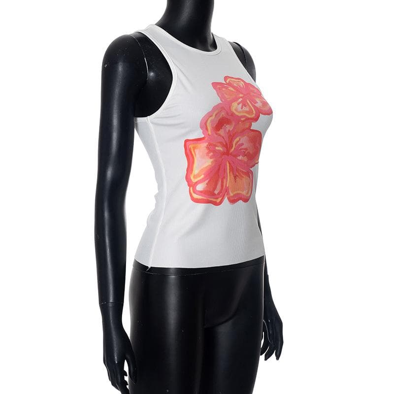 Vibrant Hibiscus Ribbed Tank Top - Effortless Fall Style & Warm-Weather Getaways