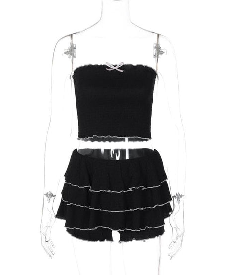 Coquette Chic Black Ruffle Mini Set - Bowknot Tube Top & Tiered Shorts for Fall Parties