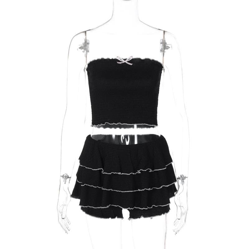 Coquette Chic Black Ruffle Mini Set - Bowknot Tube Top & Tiered Shorts for Fall Parties
