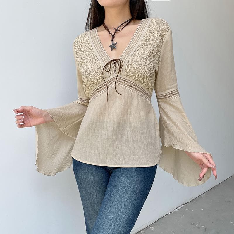 Autumn Bohemian Lace V-Neck Bell Sleeve Top | 100% Cotton Tie-Front Blouse