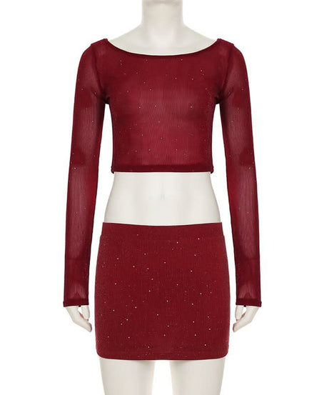 Dazzling Burgundy Sparkle Crop Top & Mini Skirt Set - Your Fall & Holiday Glam Go-To