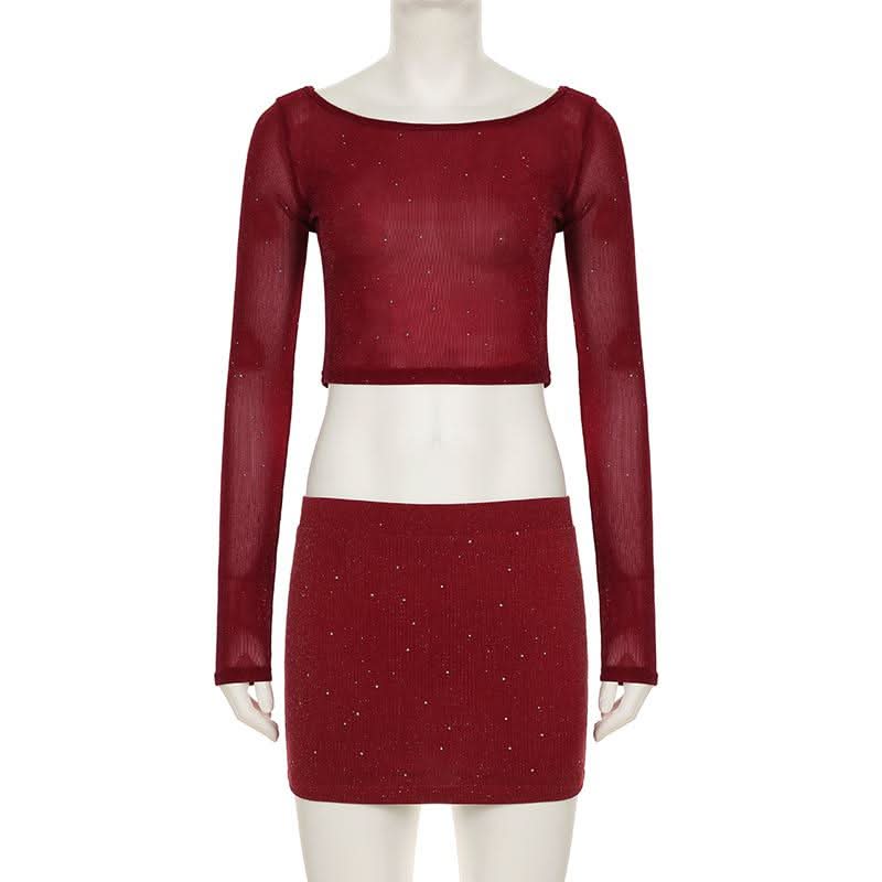 Dazzling Burgundy Sparkle Crop Top & Mini Skirt Set - Your Fall & Holiday Glam Go-To