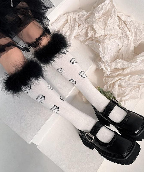 Coquette Feather Bow Knee High Socks - Cozy Faux Fur for Fall & Halloween Fun!
