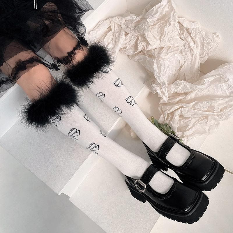 Coquette Feather Bow Knee High Socks - Cozy Faux Fur for Fall & Halloween Fun!