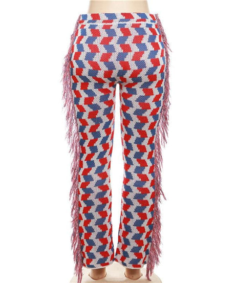 Vibrant Geo-Knit Fringe Flare Pants – Your Ultimate Fall Statement