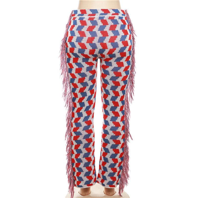 Vibrant Geo-Knit Fringe Flare Pants – Your Ultimate Fall Statement