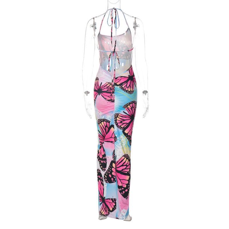 Vibrant Butterfly Bodycon Maxi Dress - Dreamy Tie-Shoulder Resort & Vacation Style