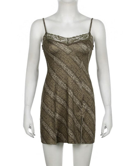 Chic Fall Vibe: Y2K Distressed Print Lace Cami Mini Dress with Side Slit