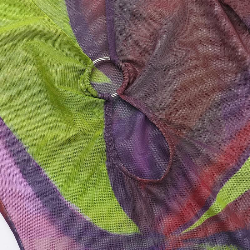 Sultry Plum & Olive Abstract Mesh Mini Dress with O-Ring Cutout | Fall Night Out