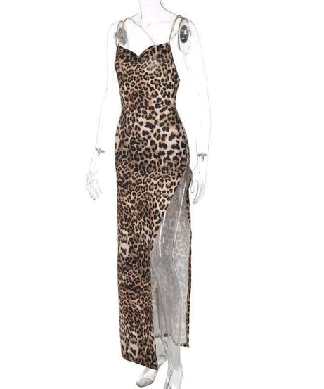 Unleash Your Inner Wild: Daring Leopard Print Cowl Neck Maxi Dress with Gold Chain Straps & High Slit - Fall & Holiday Glam