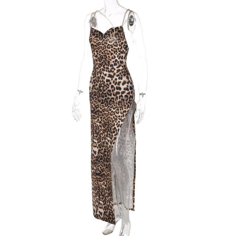 Unleash Your Inner Wild: Daring Leopard Print Cowl Neck Maxi Dress with Gold Chain Straps & High Slit - Fall & Holiday Glam