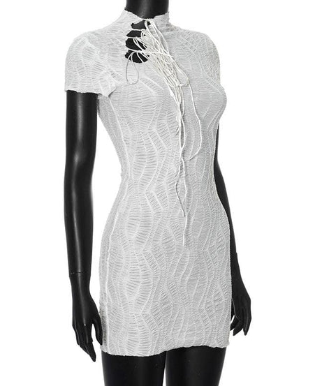 Chic White Textured Mesh Mini Dress - High Neck Self-Tie Bodycon for Fall Parties & Night Out