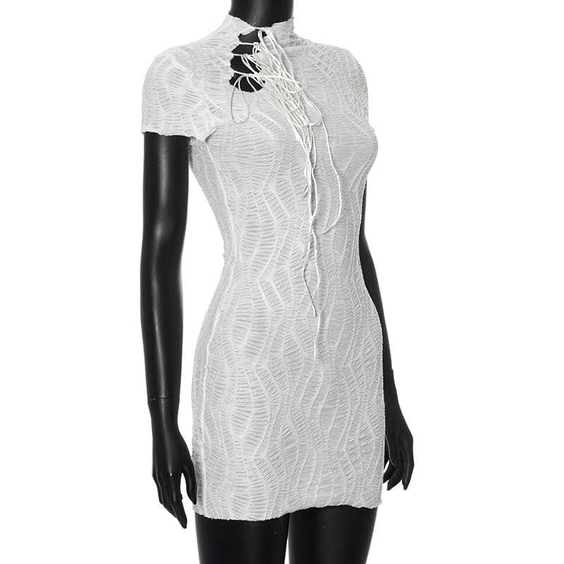 Chic White Textured Mesh Mini Dress - High Neck Self-Tie Bodycon for Fall Parties & Night Out