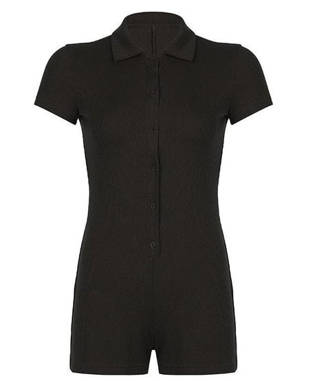 Chic Fall Essential: Women's Ribbed Polo Button Romper - Cozy Espresso Brown One-Piece
