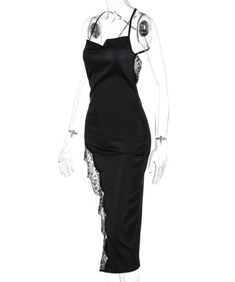Sultry Black Satin & Lace Slit Slip Dress - Perfect for Holiday Parties & NYE