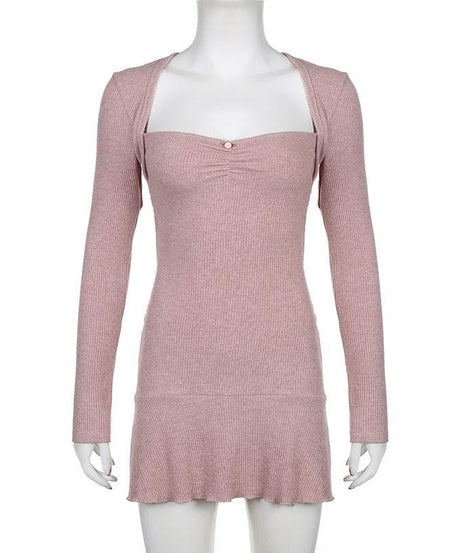 Fall Favorite: Dusty Rose Ribbed Knit Sweetheart Mini Dress | Long Sleeve Bodycon with Flirty Ruffle Hem