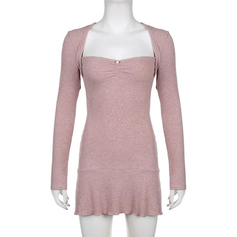 Fall Favorite: Dusty Rose Ribbed Knit Sweetheart Mini Dress | Long Sleeve Bodycon with Flirty Ruffle Hem