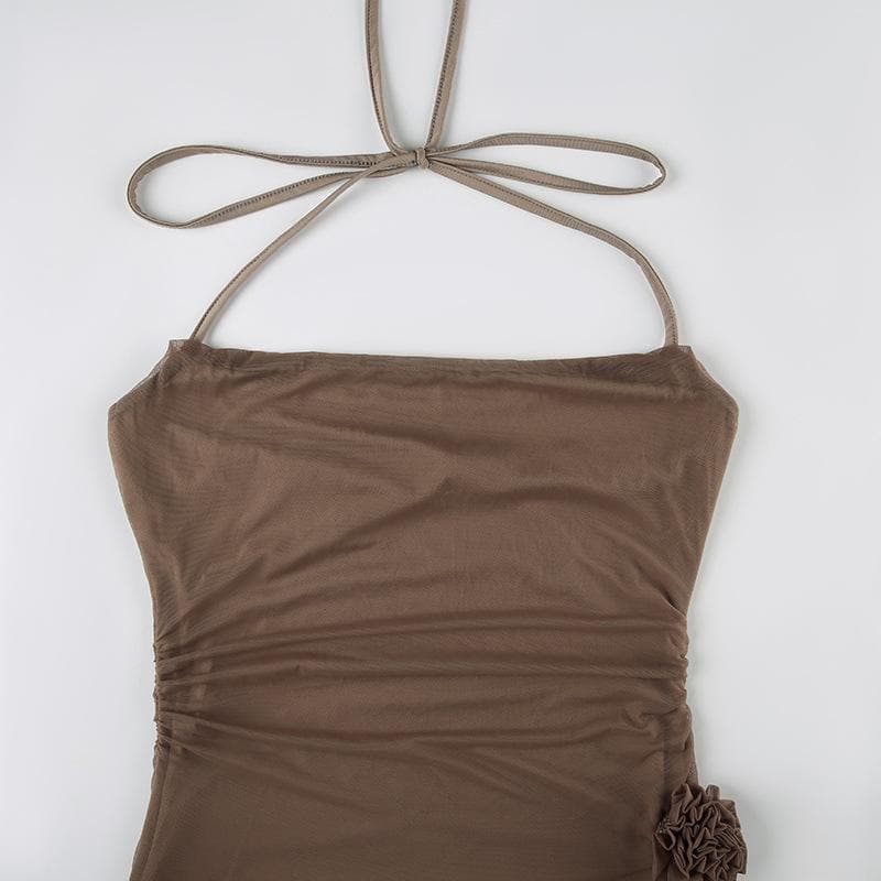 Autumn Ember Halter Mesh Maxi Dress | Sheer Slit Gown with Ruched Detail